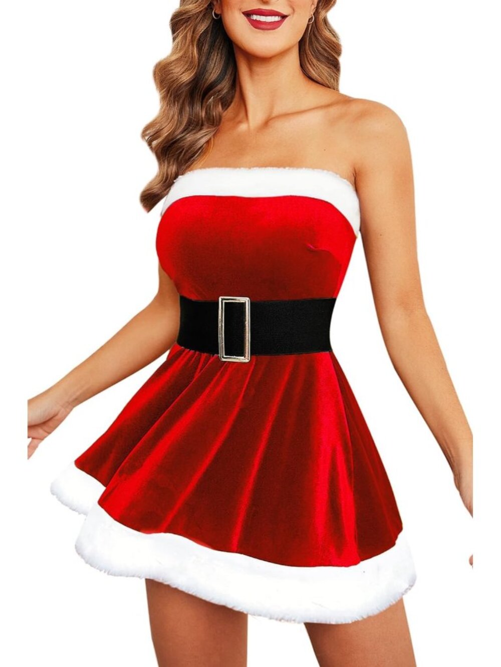Women's Red Casual Strapless Christmas Mini Dress Velvet Santa Belt Costume